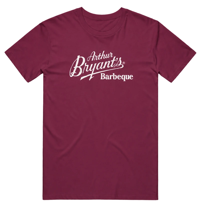 Burgundy Arthur Bryant’s Barbeque T-shirt with the cream script logo